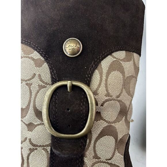 Coach Meyer Khaki Chestnut Brown C Logo Signature & Suede Boots Brass Sz 6.5 - Picture 8 of 9